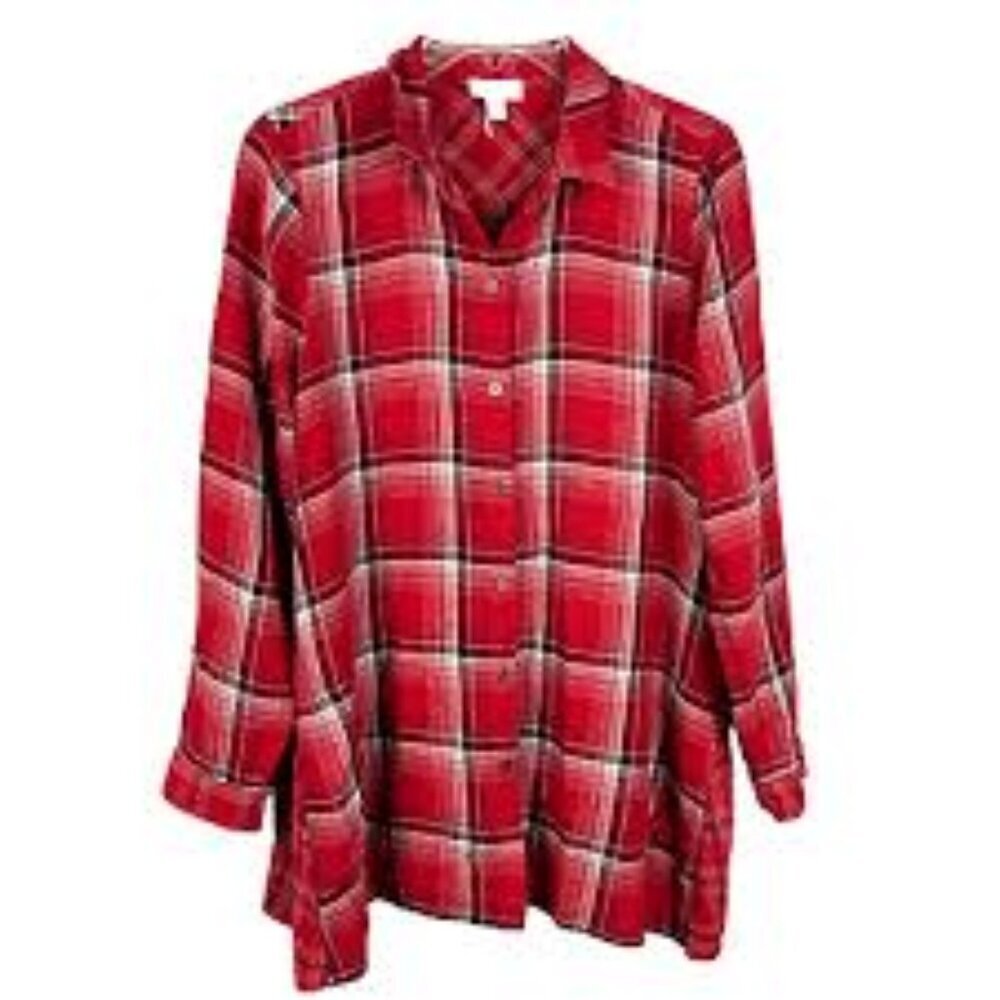 J Jill Long Sleeve Rayon Plaid Button Front Wide Side Pockets Tunic Shirt GU